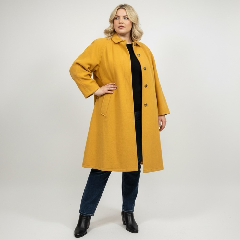 Women's Vintage Ochre Wool Cashmere Blend Coat Mustard‎ Yellow Dress Coat XL